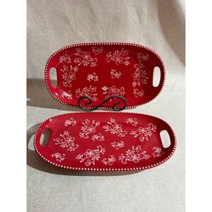 Temp-tations by Tara Floral Lace Red Ceramic Serving Tray Set of 2 Oval Platters